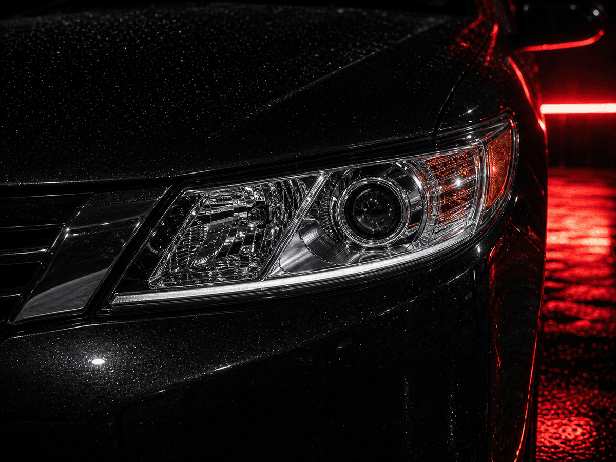 Restored clear headlight lens on a clean dark vehicle